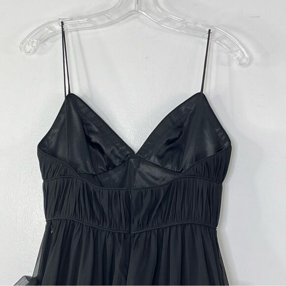 Mac Duggal 68411 Tiered Ruffled Tulle Organza Midi V-neck Dress, Black, Size 2 - Picture 4 of 9